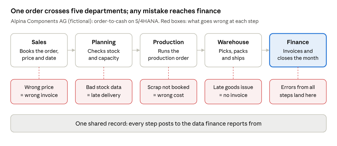 One order crosses five departments: sales, planning, production, warehouse and finance, and any mistake reaches finance